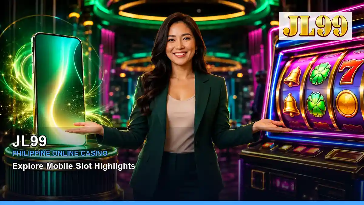 JL99 casino first deposit rewards featuring an adult Filipina casino host with a vivid composition — view 2