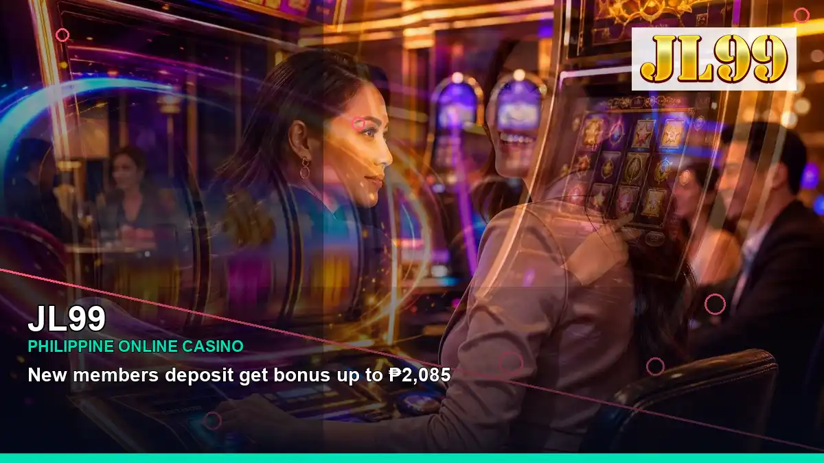 JL99 fruit reels online slot games featuring an adult Filipina casino host with a left-diagonal composition